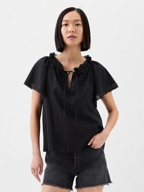 Splitneck Lace Top Black with embroidery and lace detailing Gap Factory Size L